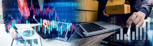 A composite image showing business and finance activities. On the left, hands of two individuals working with charts and a tablet displaying financial data visualizations. On the right, hands handle a tablet and stacked boxes, representing logistics, management tasks, and steps in the invoicing process.